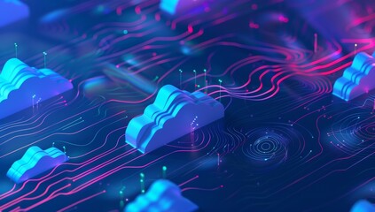 Poster - Working Data cloud animation Servers and Supercomputers with Cloud Storage. Internet Artificial intelligence. Technology web background.