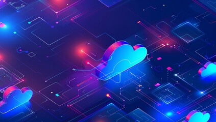 Poster - Working Data cloud animation Servers and Supercomputers with Cloud Storage. Internet Artificial intelligence. Technology web background.