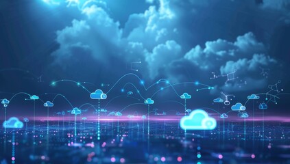 Poster - Working Data cloud animation Servers and Supercomputers with Cloud Storage. Internet Artificial intelligence. Technology web background.