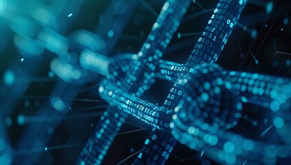 blue digital chain symbolizing blockchain technology, with glowing data points representing various 