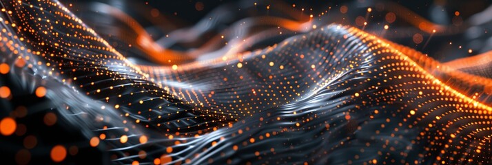Fototapete - Digital abstract background with dark gray orange colors, featuring a wave pattern glowing dots that resemble light particles. Modernity technology high-tech feel.backdrop data science AI development