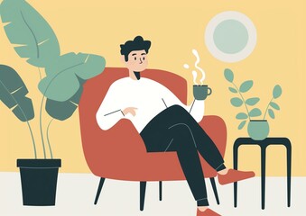 Cozy Home Relaxation Illustration - Man with Coffee in Modern Living Room