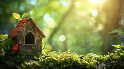 Wall Mural - bird by wooden house amidst greenery with sun rays
