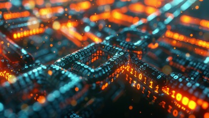 Poster - A closeup of an abstract digital chain, symbolizing the energy and flow in blockchain technology. The background is a dark blue with orange lights to highlight details on each link of the chain.