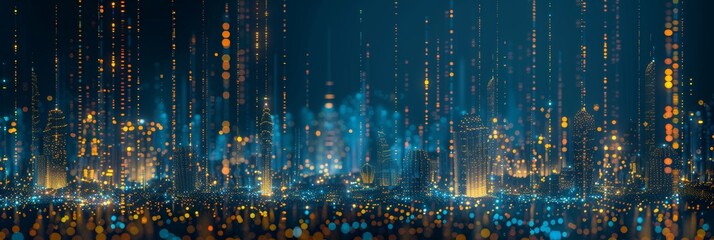 Fototapete - Abstract digital background with glowing lights and cityscape, data transfer concept. representing the power of technology in the style of data science.