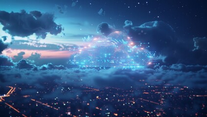 Poster - Digital cloud with glowing data particles floating in the dark sky, symbolizing advanced technology and innovation. Digital patterns representing network connections and cyber security.