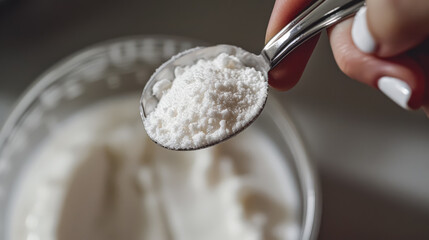 A person is holding a spoon in a glass of protein powder, ready to mix for a nutritious supplement drink.