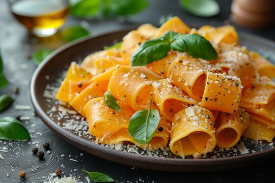 Pappardelle Pasta with Basil and Parmesan cheese is appetizing and comforting, perfect for a meal