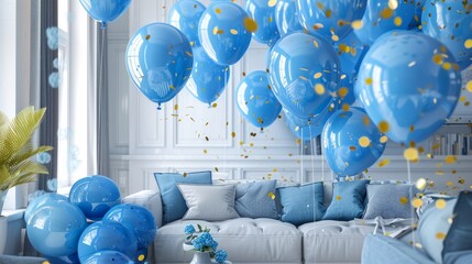 Wall Mural - Celebrate in style with blue balloons and festive decor! Our grand opening banner offers exclusive discounts and luxury greetings. Dive into the savings and grab exciting deals today