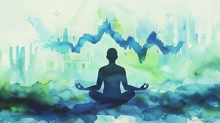 Wall Mural - Blue and green watercolor painting of a person meditating in a lotus pose. The person is surrounded by a glowing aura and is sitting on a rock.