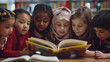 © Elena - A diverse group of children excitedly reading a book together in a library. Celebrating literacy and learning, children from different backgrounds share the joy of reading