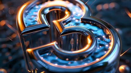 Poster - 3D rendering of a shiny blue and orange metallic letter B. The letter is illuminated by a bright light and is set against a dark background.