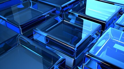 Poster - 3d rendering of blue glass cubes. the cubes are arranged in a staggered pattern, creating a sense of