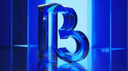 Poster - 3D rendering of a blue glass letter B. The letter is in a glossy finish and is reflecting the light from the surrounding environment.