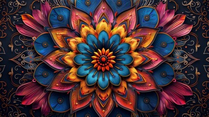 Colorful floral mandala design with black accents