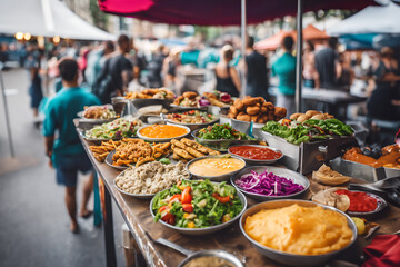 A variety of dishes displayed on a table showcasing different types of food such as vegetables, natural ingredients, and whole food items at a market. Vegan street food.