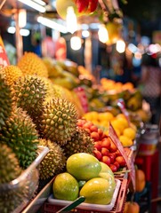 Wall Mural - Vibrant Culinary Exploration: Exotic Fruits and Asian Street Food Delights at Yaowarat Night Market