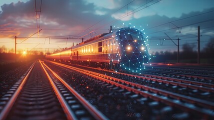 An advanced train depicted with digital technology effects, racing along tracks at sunset, portraying the futuristic and high-speed nature of modern rail travel.