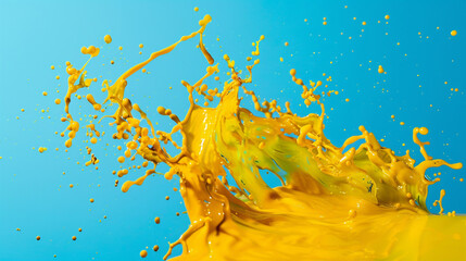 Bright yellow color splashes on a solid blue background.