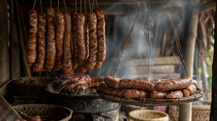 Wall Mural - Authentic Thai Isaan Fermented Sausages Hanging in Rustic Setting with Detailed Textures - Ultra Realistic Food Photography