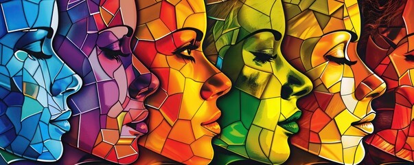 Wall Mural - A vividly colored mosaic of simplified faces come together, each unique hue representing diversity, yet forming a harmonious image of unity.