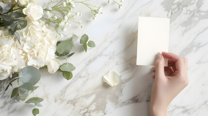 Aufkleber - Bright feminine wedding stationery mockup scene Closeup of woman hand holding paper place card Bouquet of eucalyptus dry hydrangea white roses and gypsophila flowers on marble table ba : Generative AI