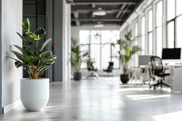 Clean modern office detail with plants and white walls. ai generative