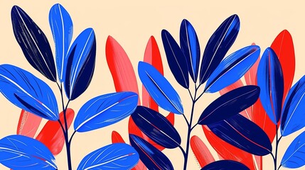 Poster - Vivid Blue Foliage Painting With Red Accents