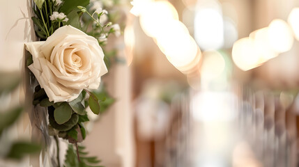 This photograph offers a voyeuristic view of a wedding moment captured through a soft focus The foreground shows a delicate white rose and fine greenery attached to a pew setting a rom : Generative AI