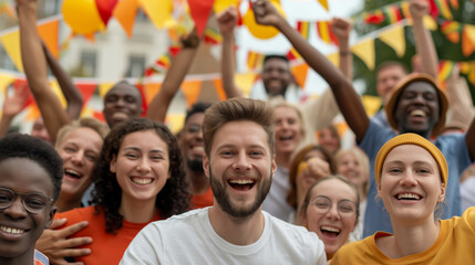 A group of joyful people celebrates together, with German flags and festive decorations in the background. Diversity and unity shine through a colorful, vibrant, and cheerful celebration atmosphere