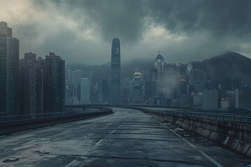 Poster - A view of a city from a bridge, taken on a cloudy day with soft light
