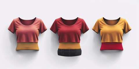 Poster - Close-up of three women's T-shirts hanging on a wall, various designs and colors