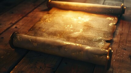 Poster - A vintage-style scene featuring a rolled up scroll sitting on top of a wooden table, perfect for history or literature-themed illustrations