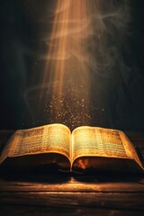 Poster - An open book sits on a wooden table, lit by a beam of light
