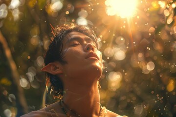 Aufkleber - A person standing in the rain with their eyes closed, potentially deep in thought or meditation