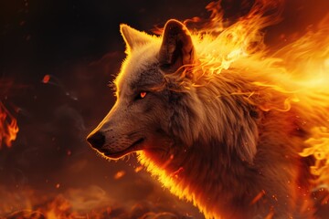Poster - A close-up shot of a wolf's face with flames burning brightly behind it