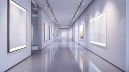Poster - A long hallway with three framed pictures on the wall, great for decorating or interior design inspiration