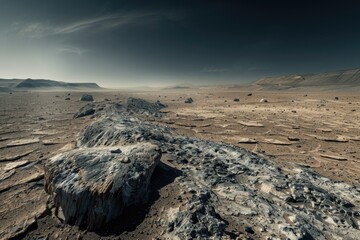 Canvas Print - A large rock formation in the middle of a desert, with sand and cacti surrounding it