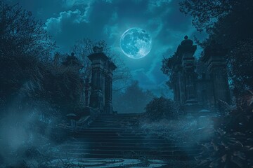 Poster - A staircase leads to a cemetery at night with a full moon shining bright