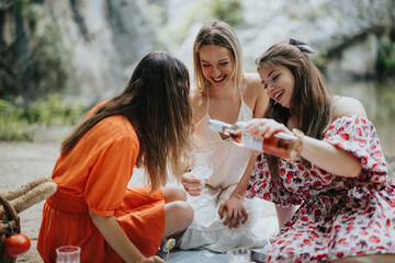 Wall Mural - Three happy friends having a picnic outdoors, sharing wine and enjoying a sunny day together.