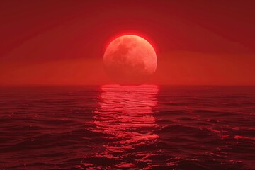 Poster - A vibrant red full moon rises above the calm ocean surface