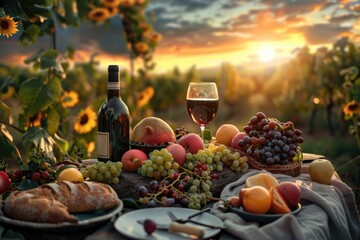 Aufkleber - A table set with plates of food and a glass of wine, ideal for a dinner party or special occasion