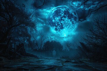 Aufkleber - A full moon shines brightly in the night sky, surrounded by trees