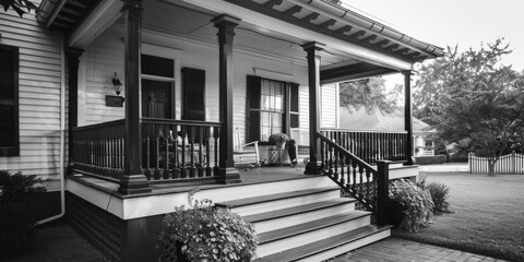 Poster - A classic black and white photo of a worn-out porch with intricate details