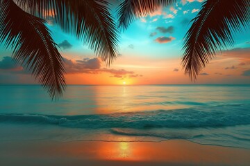 Wall Mural - Stunning tropical sunset on a serene palm-lined beach with gentle ocean waves
