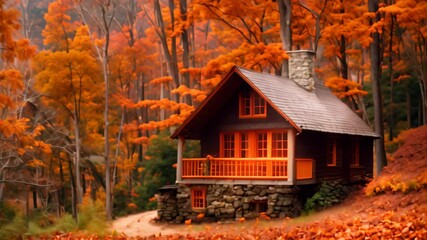 Sticker - A cozy cabin surrounded by red and orange trees in a forest setting, Cozy cabin nestled among a forest of red and orange foliage