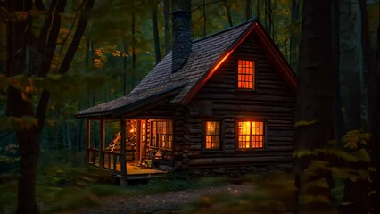 Wall Mural - A cabin nestled in the woods illuminated at night, casting a warm glow among the trees, Cozy cabin nestled among the trees with a warm glow from the fireplace