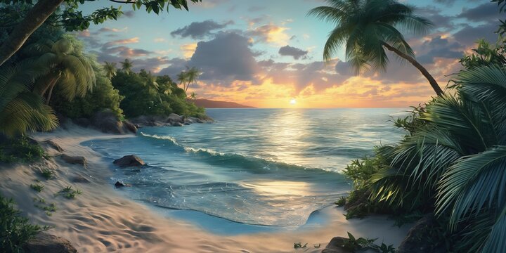 Serene tropical beach sunset with lush foliage and palm trees