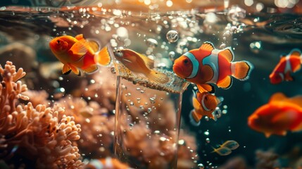 Wall Mural - Clownfish Swimming in a Vibrant Aquarium
