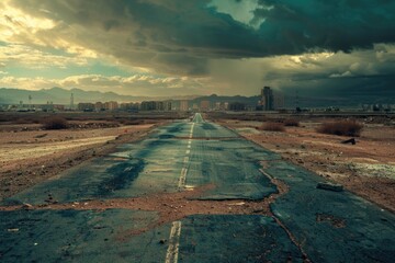 Canvas Print - An empty road in the middle of a desert with cacti and sand dunes